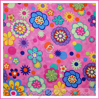 #ad BonEful Fabric FQ Cotton Quilt Rainbow Bright Pink Purple GIRL Hippie Flower DOT