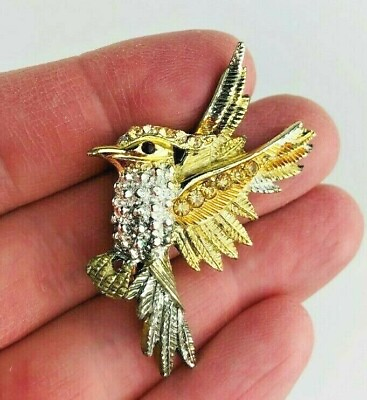 #ad Tropical Bird Rhinestone Vintage Brooch Animal Pin Birdie Fly Fowl *Z12b