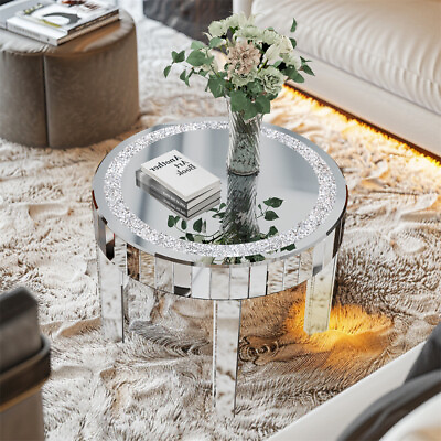 #ad Mirrored Coffee Table w Crystal Inlay Modern Round Silver Glass Side End Table