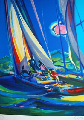 #ad Yachtmen in the Blue Sky MARCEL MOULY Hand Signed lithograph Unframed COA LTD ED