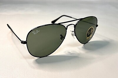 #ad Ray Ban Aviator RB3025 Black Frame Metal Green Lens Sunglasses Open Box A8