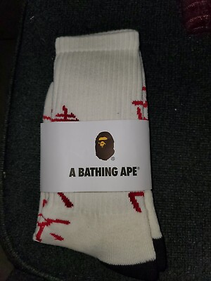 #ad BAPE A Bathing Ape Crew Socks White Red RETAIL $50