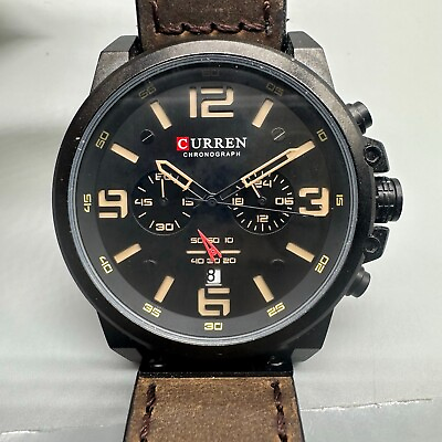 #ad Curren Watch Mens Black Dial Brown Leather Band Date M8314 New Battery 10.5quot;
