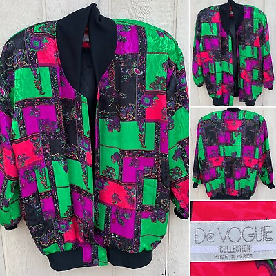#ad De VOGUE Collection Made In Korea Silky Silk Look Polyester Bomber Jacket 1980s