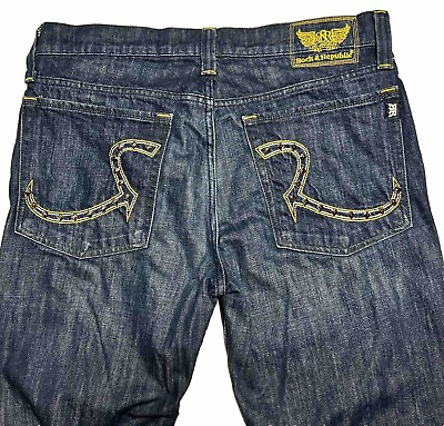 #ad Rock amp; Republic Mens Jeans 36 Button Fly Dark Embroidered Studded Pockets