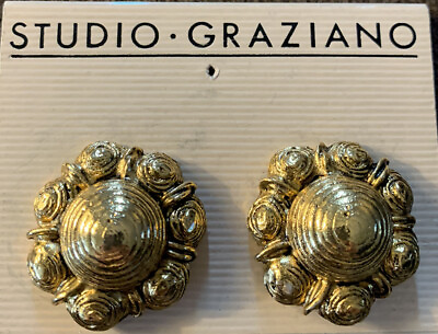 #ad Studio Graziano Status Earrings Clip on Gold Tone Round Textured
