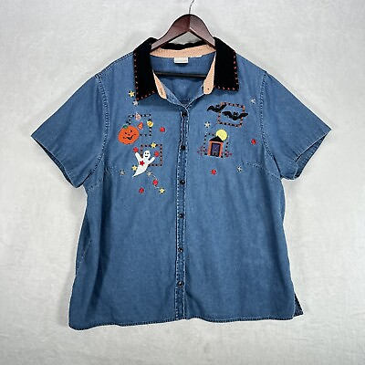 #ad Vintage White Stag Shirt Womens 2X Blue Denim Halloween Ghost Embroidered 90s