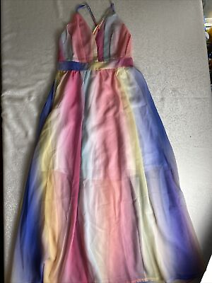 #ad Rainbow Maxi Chiffon Dress Deep V Neck Low Back Spaghetti Straps Women XS