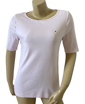 #ad TOMMY HILFIGER Womens Size Medium Short Sleeve Pink Scoop Neck Logo T Tee Shirt