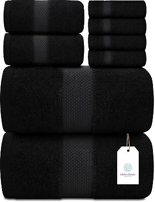 #ad White Classic Luxury Black Bath Towel Set Combed Cotton Hotel Quality Absor...