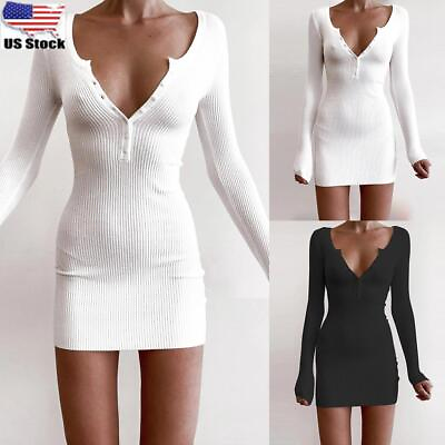 #ad Women Sexy Ribbed V Neck Mini Dress Ladies Long Sleeve Party Bodycon Clubwear US