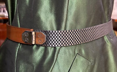 #ad New Ralph Lauren Purple Label Metallic Fiber Brown Leather Art Deco Belt M