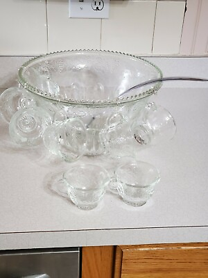 #ad Indiana Glass Co Princess 18 piece Crystal Punch Bowl Set 8 cups 6 Hooks