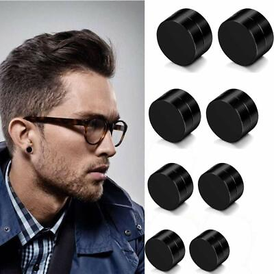 #ad Black Mens Stainless Steel Magnetic Non piercing Clip Fake Cheater Stud Earrings
