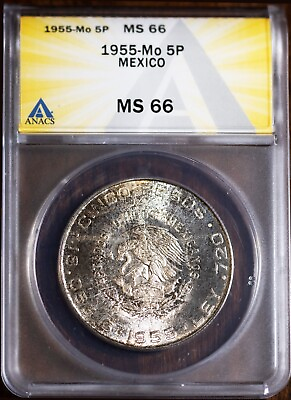 #ad 1955 Mo 5 Pesos 72% Silver Hidalgo MS 66 ANACS # 7465086 Attractive Tone Bonus