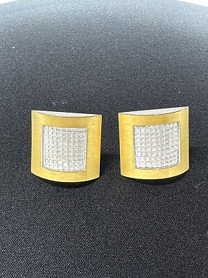 #ad Golden Elegance: Curved Square Silver Earrings with 24K Gold Accent