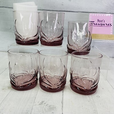 #ad Clear Pink Tint Embossed Leaf Fan Design 16oz Double Old Fashion Glasses Set 6