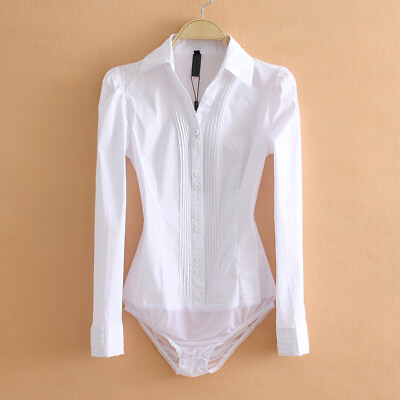#ad Ladies Fashion Bodysuit Long Sleeve Women Body Shirt White Blouses Leotard Tops