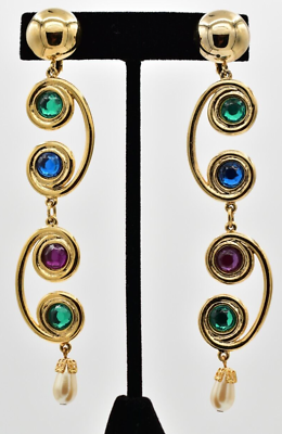 #ad Vintage Crystal Clip Earrings Multi Color Rhinestone Gold Tone Chunky 1980s Bin1