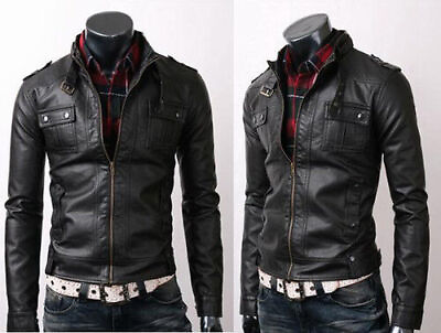 #ad Mens Strap Collar Flap Pocket Slim Fit Real Sheep Skin Black Leather Jacket BNWT
