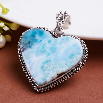 #ad Heart Larimar Gemstone Pendant 925 Sterling Silver Handmade Stylish Gift PG219
