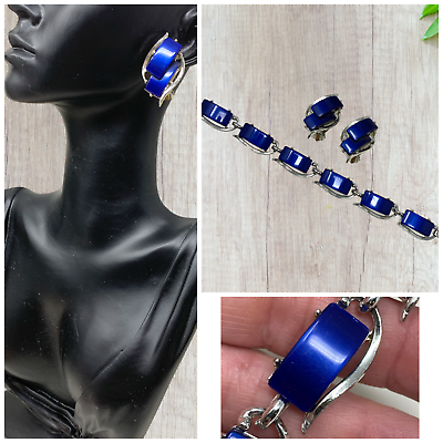 #ad Vintage 80#x27;s Modernist Blue Acrylic Silver Tone Earrings amp; Bracelet Set Clip On