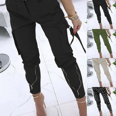 #ad Cool Girls Elastic Waist Zipped Calf Pocket Pants Solid Color Cargo Trousers