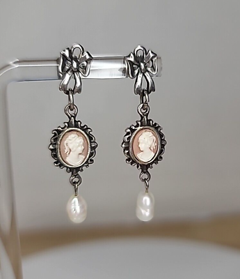 #ad Vintage SHUBE#x27;S Cameo 925 STERLING SILVER Pierced Dangle Pearl Bow Earrings