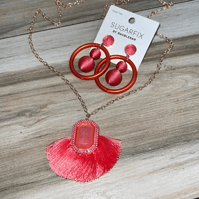 #ad SugarFix necklace earrings set womens pink cork 30 34 inch chain bohemian