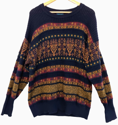 #ad LIMNOS Mens Vintage 80#x27;s Navy Fair Isle 100% Wool Knit Jumper Sweater Size L
