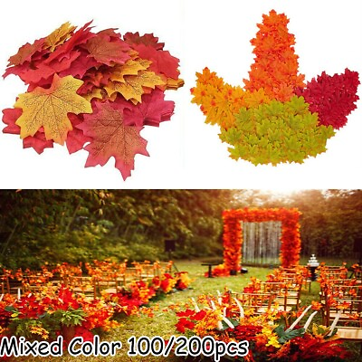 #ad 100 200 Mixed Artificial Autumn Maple Leaves Silk Fall Wedding Home Leaf Decor