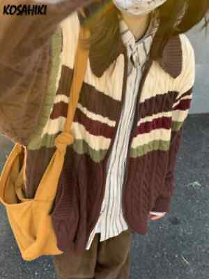#ad Vintage Tassel Knitted Cardigan Loose Contrast Women Sweater Zipper Cardigans
