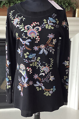 #ad NEW Paparazzi Johnny Style Black Floral Colorful Embroidrd Thermal Top Tee S