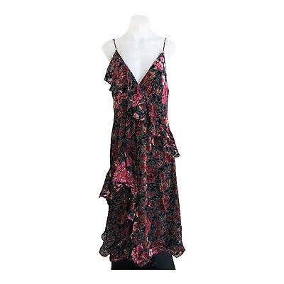 #ad Jill Jill Stuart Size 12 Dahlia Slip Midi Dress Black Floral Hourglass Ruffled