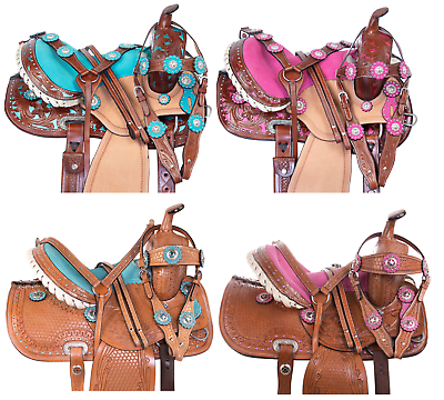 #ad HORSE SADDLE WESTERN TRAIL BARREL RACING SHOW LEATHER BLUE PINK TACK 12 13 14