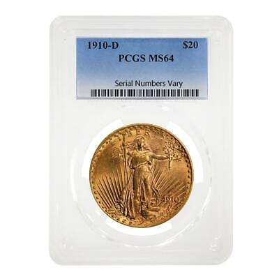 #ad 1910 D $20 Gold Saint Gaudens Double Eagle Coin PCGS MS 64