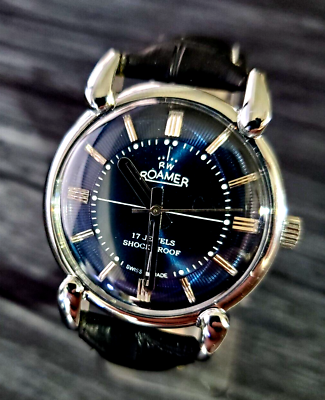 #ad Rare Roamer Brevete Swiss Mens Mechanical Watch Blue Burst Serviced Runs Perfect