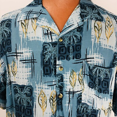 #ad Island Blue Hawaiian Aloha Shirt Large Blue Tapas Palm Trees Leaves Geometric