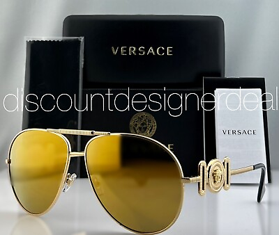 #ad Versace Aviator Sunglasses VE2249 1002 7P Gold Metal Frame Gold Mirror Lens 65mm