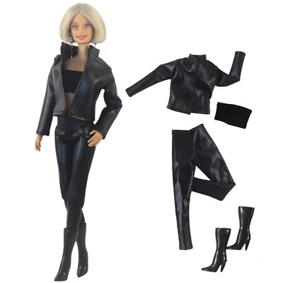 #ad Fashion Black Leather 11.5quot; Doll Clothes Set Outfits Jacket Coat Pants Boots 1 6