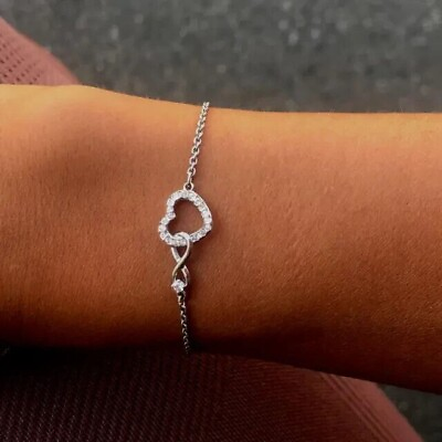 #ad 2Ct Round Cut Simulated Diamond Women Heart Chain Bracelet 14K White Gold Plated $136.49