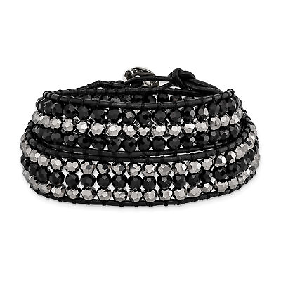 #ad Black Aurora Borealis Grey Crystal Bead Leather Multi wrap Bracelet BF1627