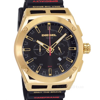 #ad DIESEL Timeframe Mens Gold Chronograph Watch Black Dial Silicone Band