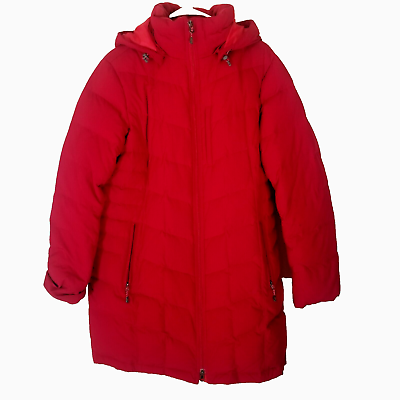 #ad Lands End Womens Down Puffer Jacket Size Large Quilted Removable Hood Red Parka