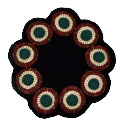 #ad Felt Penny Candle Mat black round scalloped doily Primitive rug table Folk Art