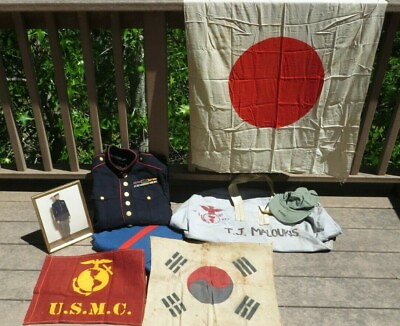 #ad Korea War USMC US MARINE CORPS GROUPING FLAGS UNIFORM BAG PHOTO