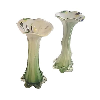 #ad 2 Cased Art Glass Vases Ruffled Top Ground Pontil Tree Stump Pair Hand Blown