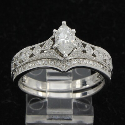 #ad 1ct Natural Marquise amp; Round Diamond Bridal Ring Set 14K White Gold