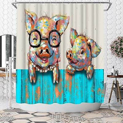 #ad Country Shower Curtain Funny Pig Bath Curtain Turquoise Shower Curtain Bathro...