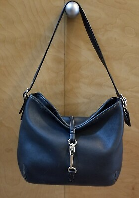 #ad w COA COACH Black Leather Hand Bag #9266 Pinch lock Strap Natural Cowhide